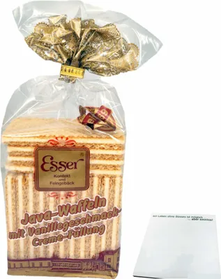 Produktbild von Esser Java-Waffeln mit Vanillegeschmack-Creme-Füllung (200g Beutel) + usy Block