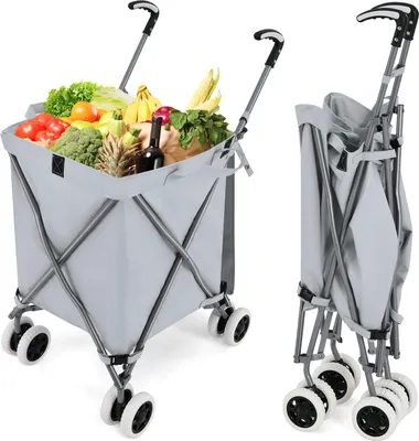 Produktbild von GOPLUS Klappbarer Einkaufswagen mit Rädern, Leichter Einkaufstrolley mit Zwei Lenkrollen, Abnehmbare wasserdichte Oxford-Tasche, Grau