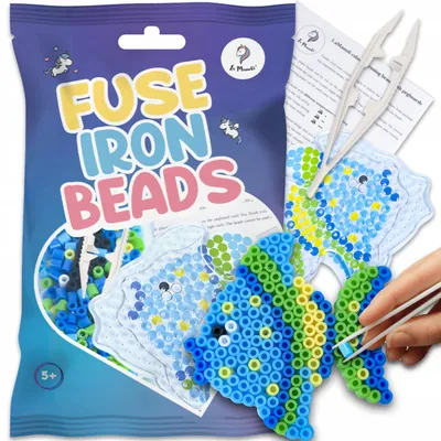 Immagine prodotto di La Manuli Perline da stirare Pesce – mini kit con piastra e schema, perline fusibili Midi 5 mm, pinzetta e carta da stiro