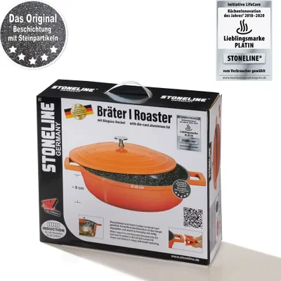 The image shows the retail packaging for a STONELINE® Cocotte Bräter Rund 28 cm Orange.