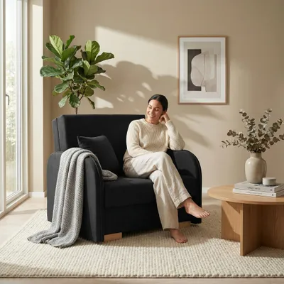Produktbild von Wohnero 24 Goldi 1 Premium Schlafsessel 90x100 cm mit Schlaffunktion & Bettkasten – Hochwertiger Klappsessel 80x195 cm, Design Sofa Schwarz