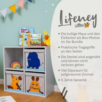 Produktbild von Lifeney meets "Die Maus" 3x Aufbewahrungsbox mit Deckel für Kinder  Boxen mit der bekannten Maus und dem beliebten Elefanten im 3er Set  30 x 30 x 30 cm passend für klassische Würfelregale