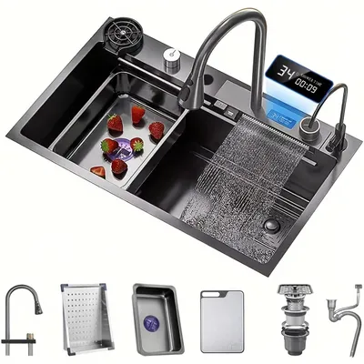 Immagine prodotto di Lavello da cucina in acciaio inossidabile – Lavello da incasso con rubinetto a cascata e accessori – 76,2 x 45,97 x 20,5 cm