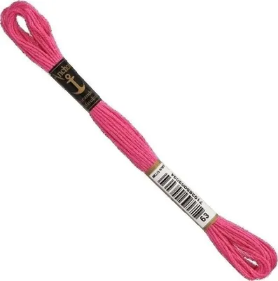 A single skein of pink embroidery thread on a white background.