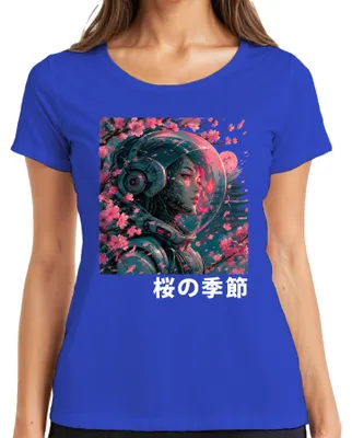 Zdjęcie produktu dla Koszulka damska z motywem cyberpunkowym, anime, astronautką, kwiatami wiśni, Japonia, styl Y2K, dla fanów anime, kolor niebieski, rozmiar XXL