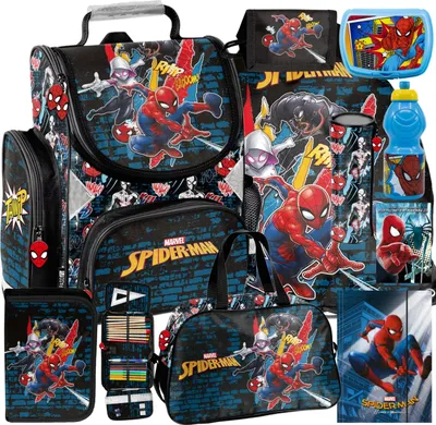 Produktbild von 10tlg Spiderman Schulranzen set Rucksack Federtasche Sportbeutel Trinkflasche Brotdose Reisetasche Brieftasche Notizbuch Einschlagmappe Schlamperta