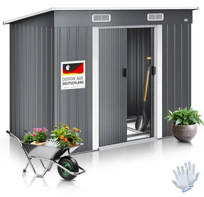 Produktbild von KESSER® - Gerätehaus L Metall 4 m³ mit Fundament | 194x112x181 cm | 2x Schiebetür & Fundament | Geräteschuppen | Gartenhaus Schrank | Pultdach Garten Schuppen | Inkl. Arbeitshandschuhe
