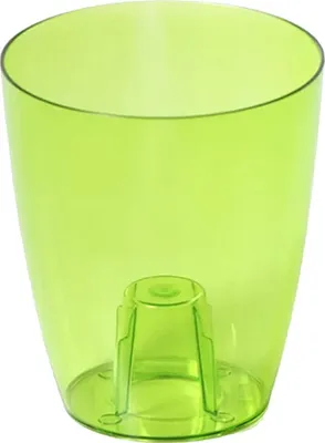 A clear, studio shot of a green plastic plant pot.