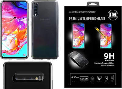 Produktbild von 3in1 Set Silikon Hülle Bumper + 9H Schutzglas + 2x 9H Kamera Glas Case Cover Echt Glas kompatibel mit SAMSUNG GALAXY A40 (A405F) in Transparent