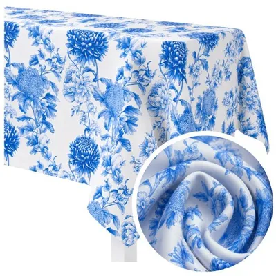 Produktbild von MEBLE ODNOWA, Rechteckige Tischdecke 140 x 240 cm, Toile Blumenmuster, Weiß-Blau, Matt, Elegante, für Hochzeit, Bankett, Restaurant, Pflegeleicht