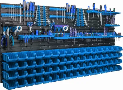 Obrázok produktu pre Závesný panel na náradie 173x78cm s 68 ks. Krabic Nástěnný Modré Boxy se sadou držiakov plastová