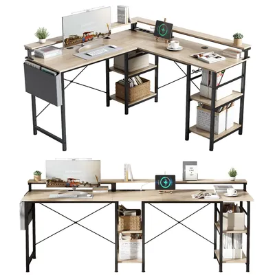 Produktbild von Zimilo Höhenverstellbar Gaming Schreibtisch mit Regal, 140x140cm, L-förmiger Computertisch mit LED, Steckdosen, USB, Stofftasche, Beige