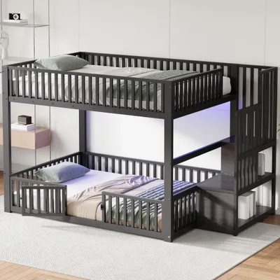 Produktbild von Etagenbett mit Stauraumtreppe und LED, MDF Metall, Schwarz, 90 x 200 cm