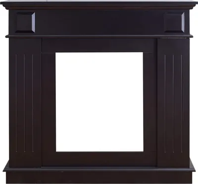 A front view of a dark brown wooden fireplace surround against a white background.