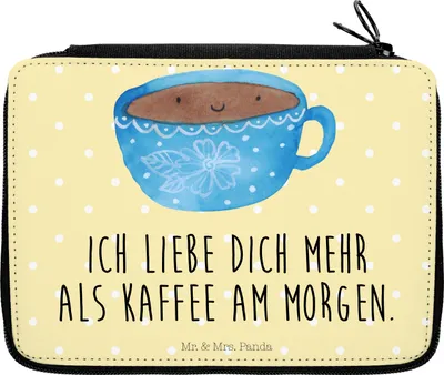 Produktbild von Mr. & Mrs. Panda Mäppchen Kaffee Tasse - Gelb Pastell - Geschenk, Genuss, Glücklich, Federmäppchen, Geschmack, Bleistiftetui, Liebe, Lustige Sprüche, Schlampermäppchen