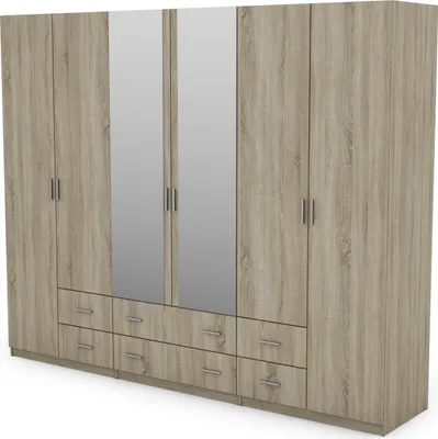 Zdjęcie produktu dla Meblast | Szafa 270x220 cm z 2 lustrami - Dąb Sonoma jasny - Szafa z półkami, szufladami i drążkiem na ubrania | Praktyczne pomieszczenie