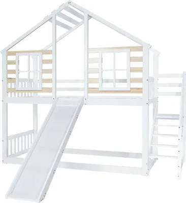 Produktbild von Etagenbett, Holzbett mit Treppe und Gitter, mit Rutsche und Fenster, Blockhaus Kinderbett mit Absturzsicherung, Bettrahmen aus Massivholz, Weiß