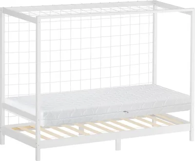 Produktbild von ML-Design Kinderbett Fußballtor 90x200 cm Einzelbett mit Matratze H:16cm Weiß Holzbett mit Lattenrost & Netz Jugendbett aus Kiefernholz Handballtor