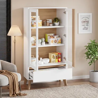 Produktbild von Merax Küchenschrank mit Stauraum, Vorratsschrank, Sideboard mit verstellbaren Einlegeböden, Mehrzweckschrank für Küche Esszimmer Wohnzimmer, Weiß
