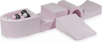 Produktbild von Schaumstoff-Spielset mit Brücke und Mikro-Bällepool – Velvet Soft Hellrosa + 100 Bällebadbälle / Perlmutt, Babyrosa, Metallic-Graphit