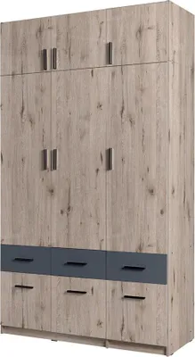 A three-door wardrobe with a wood-like finish and dark gray drawer fronts.