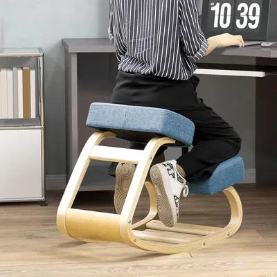 Produktbild von Kniestuhl ergonomisch, Kniehocker Gesundheitsstuhl, Büro Homeoffice Zuhause, Birkenholz, Blau | 69 x 51 x 58 cm | 120 kg | 6,65 kg