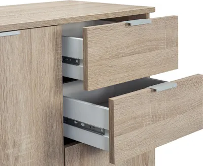 Image de Buffet chêne 107x75x35cm Commode Meuble de rangement ALBA avec 3 portes 2 tiroirs pour salon salle à manger intérieur
