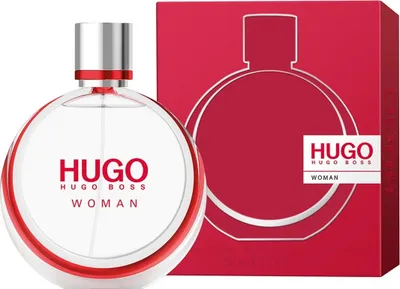 A bottle of Hugo Boss Hugo Woman Eau de Parfum and its packaging.