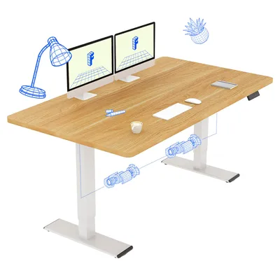 A wireframe illustration of a standing desk with dual monitors, a lamp, a mouse, and a plant.