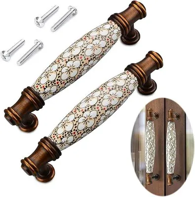 Zdjęcie produktu dla Dwa ceramiczne uchwyty do mebli w stylu vintage, ceramiczne uchwyty do szuflad i mebli, stop cynku, w zestawie śruby, rozstaw 96 mm