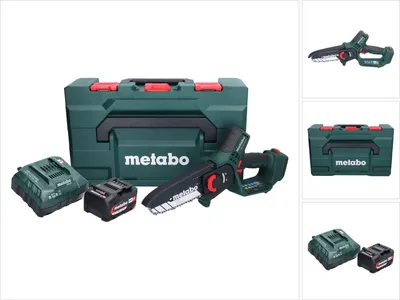 A Metabo MS 18 LTX 15 Akku Gehölzsäge with accessories, including batteries, a charger, and a carrying case, displayed against a white background.
