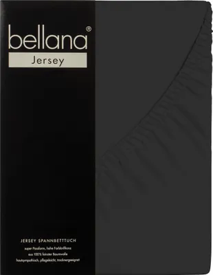 A black packaging box with text and a black fitted sheet partially visible on the right side.