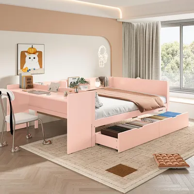 Image de Merax Lit de jour Canapé-lit 140x200 cm, avec 2 tiroirs, bureau, compartiment de rangement, pin, lit d'enfant, lit en bois, lit de jour, lit plat, lit d'adolescent, rose