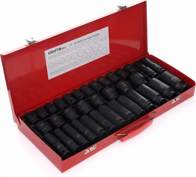 A red metal toolbox filled with black socket wrenches.