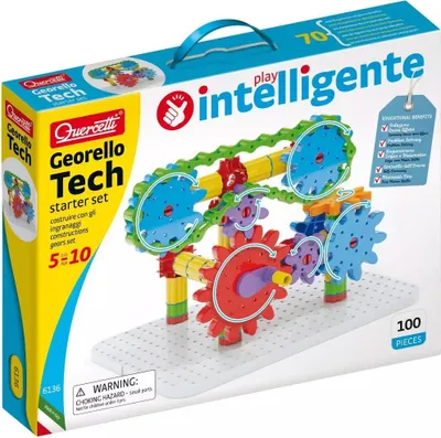 The image shows the packaging of a Quercetti Georello Tech starter set, a construction toy with gears.