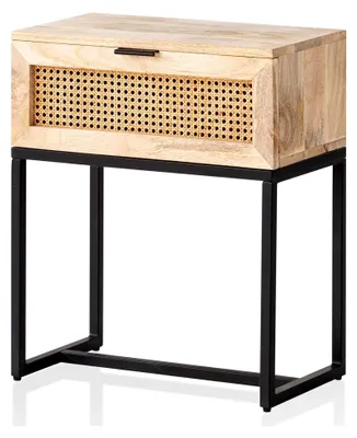 Produktbild von Nachtkonsole aus massivem Mangoholz mit Rattan und Metallgestell – Nachttisch im Boho- und Naturdesign mit Schublade, Nachtkästchen mit Wiener Geflecht für Boxspringbetten – 50x60x30 cm