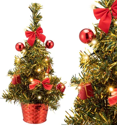 Produktbild von Casaria Künstlicher Weihnachtsbaum 35 cm mit LED Lichterkette Geschmückt Rot mit Topf Weihnachtsdeko Weihnachten Mini Tannenbaum Christbaum PVC Grün