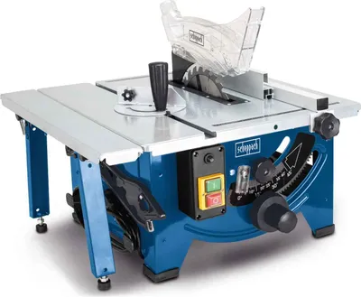 A close-up studio shot of a blue and silver table saw on a white background.