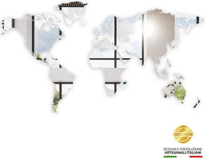 Immagine prodotto di Giallobus - Mappa del mondo - decorazione da parete a SPECCHIO - 190L x 105l cm - Vetro acrilico – Specchio – Grigio