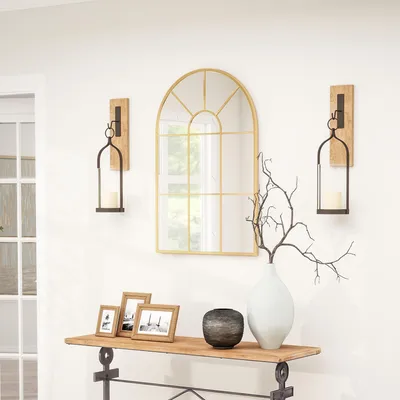 Produktbild von Wandspiegel im Fenster-Design 91x60 cm Gold - Eleganter Bogenspiegel mit Metallrahmen - Dekorativer Fensterspiegel für Flur & Wohnzimmer