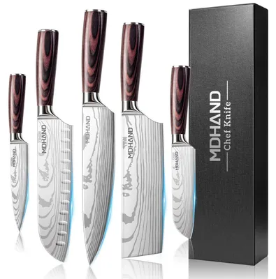 Produktbild von Küchenmesser Set 5-teilig Edelstahl mit Griffen Kochmesser Brotmesser Santokumesser Gemüsemesser Rostschutz Rötlichbraun