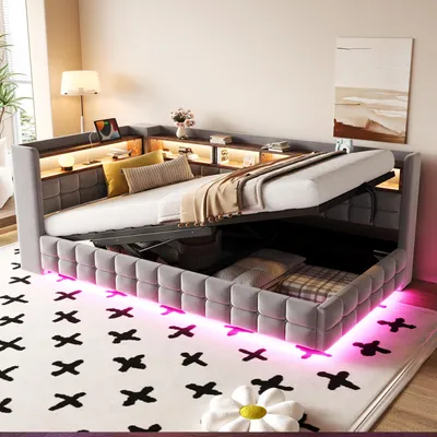 Immagine prodotto di Letto imbottito 90x200 cm, divano letto con illuminazione LED, presa di corrente, porte USB-C, mensole in legno, contenitore idraulico e rete a doghe, tessuto velluto grigio chiaro