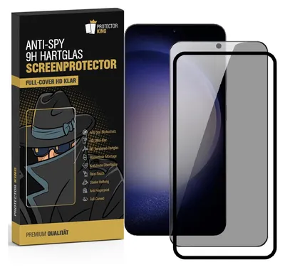 A product box for an anti-spy screen protector for a smartphone, with a smartphone and the screen protector shown next to it.