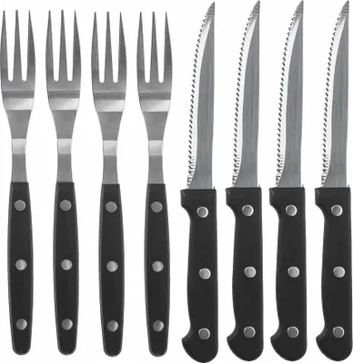 Produktbild von 8-teiliges Set Steakmesser und Gabel aus rostfreiem Edelstahl, Steakbesteck, 4 Messer mit gezahnter Klinge, 4 Gabeln