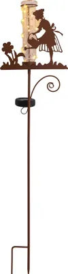 A solar-powered garden stake with a rain gauge and decorative silhouette.