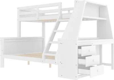 Produktbild von 90*200cm+140*200cm Etagenbett, Kinderbett, ausgestattet mit Tisch, großer Stauraum, hohes Geländer,Leiterposition optional, Weiß