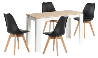 Image de Ensemble de salle à manger comprenant une table rectangulaire en chêne et blanc, avec 4 chaises, dimensions : 120 cm, couleur : noir