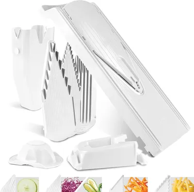 Produktbild von Gemüsehobel V3 (Profi Set) - Multifunktionaler Gemüseschneider für Scheiben, Julienne, Würfel - Verstellbarer V-Hobel - Edelstahl V-Klinge - Küchenhobel Set - Farbe: Weiß