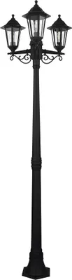 A black outdoor lamp post with three lights.