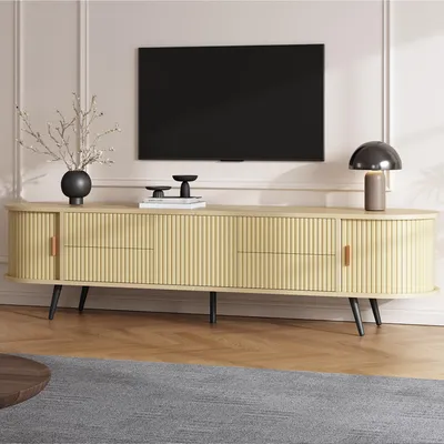 Immagine prodotto di MODFU Mobile TV, mobilete TV da 180 cm, mobile TV con 4 cassetti e ante scorrevoli, mobile TV con scanalature verticali, mobile porta TV con spazio contenitivo, finitura in legno naturale